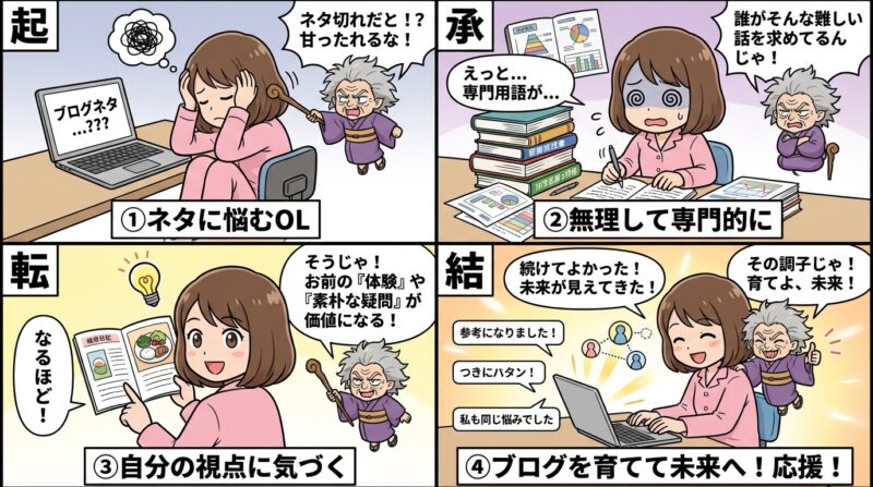 ブログのネタと集客方法 | 医療ブログのネタ探しを卒業!忙しい医療従事者のための厳選アイデア20選 医療ブログを育てることで、見えてくる未来(4コマ漫画)