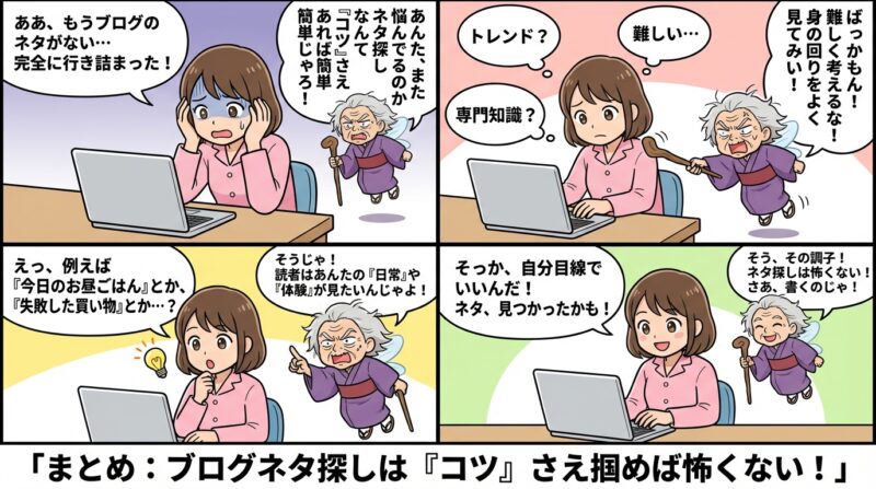 ブログのネタと集客方法 | ブログネタ探し方のコツ7選!ネタ切れを解消して効率的に書き続ける秘訣 まとめ:ブログネタ探しは「コツ」さえ掴めば怖くない