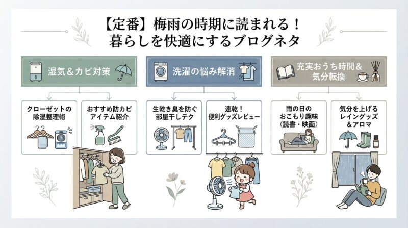 【定番】梅雨の時期に読まれる！暮らしを快適にするブログネタ