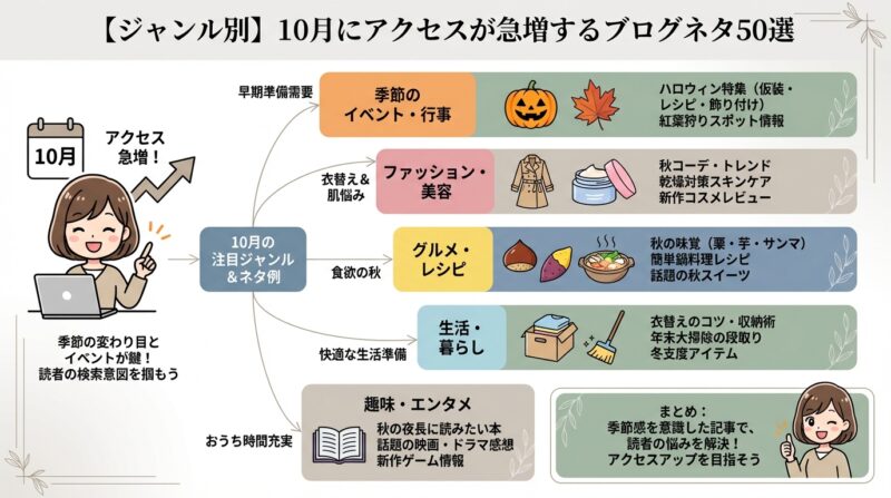 AIで作るゼロ初心者のアフィリエイト講座∸nano婆と学ぼう! | 10月のブログネタ決定版!アクセスを増やす旬の話題とキーワード50選 【ジャンル別】10月にアクセスが急増するブログネタ50選