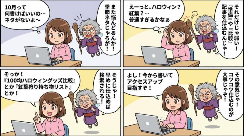 AIで作るゼロ初心者のアフィリエイト講座∸nano婆と学ぼう! | 10月のブログネタ決定版!アクセスを増やす旬の話題とキーワード50選 まとめ:10月のブログネタを仕込んでアクセスアップを目指そう