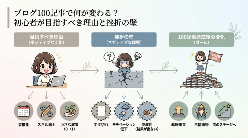AIで作るゼロ初心者のアフィリエイト講座∸nano婆と学ぼう! | ブログ100記事のネタ切れを解消!初心者でも迷わない構成と書き方の全手順 ブログ100記事で何が変わる?初心者が目指すべき理由と挫折の壁