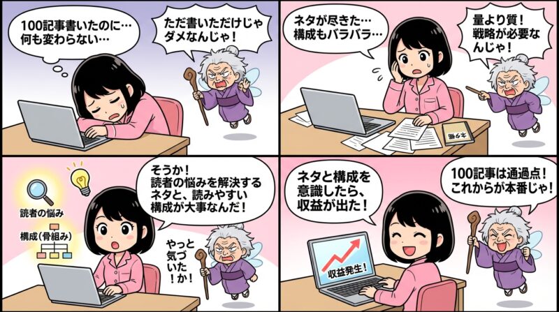 AIで作るゼロ初心者のアフィリエイト講座∸nano婆と学ぼう! | ブログ100記事のネタ切れを解消!初心者でも迷わない構成と書き方の全手順 まとめ:ブログ100記事は通過点!ネタと構成を武器に収益化へ