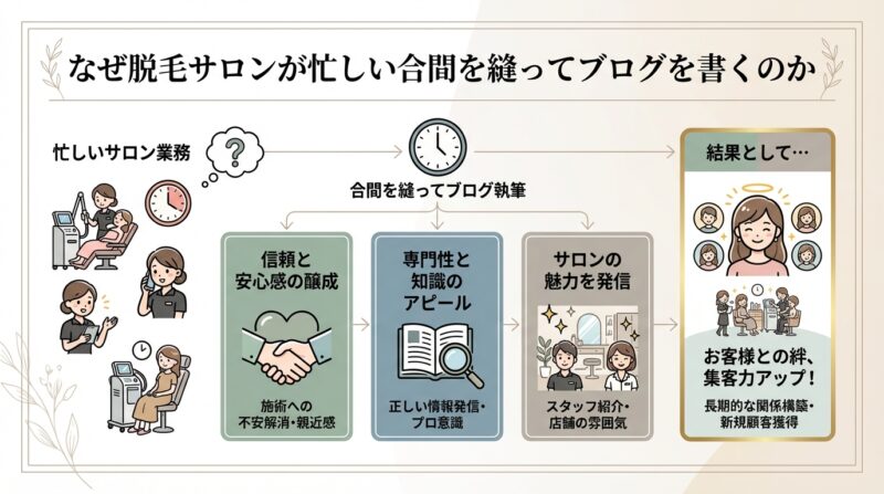 AIで作るゼロ初心者のアフィリエイト講座∸nano婆と学ぼう! | 脱毛サロンのブログネタ切れを解消!集客に効く30の具体例と書き方のコツ なぜ脱毛サロンが忙しい合間を縫ってブログを書くのか