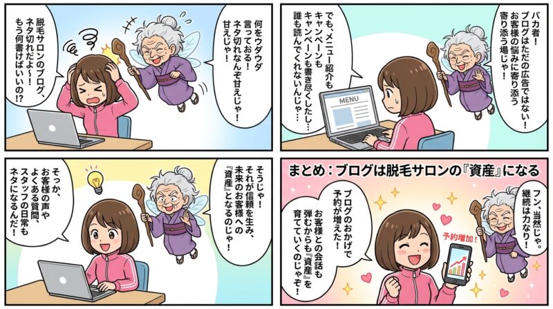 AIで作るゼロ初心者のアフィリエイト講座∸nano婆と学ぼう! | 脱毛サロンのブログネタ切れを解消!集客に効く30の具体例と書き方のコツ まとめ:ブログは脱毛サロンの「資産」になる
