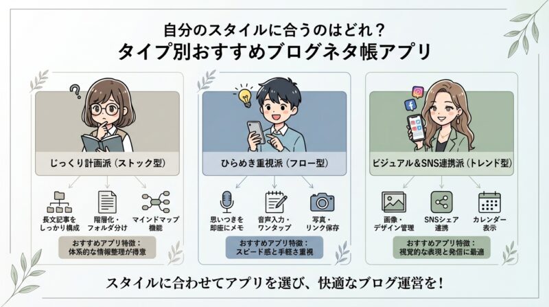 AIで作るゼロ初心者のアフィリエイト講座∸nano婆と学ぼう! | ネタ切れにサヨナラ!ブログネタ帳アプリ管理術で執筆を3倍効率化する方法 自分のスタイルに合うのはどれ?タイプ別おすすめブログネタ帳アプリ