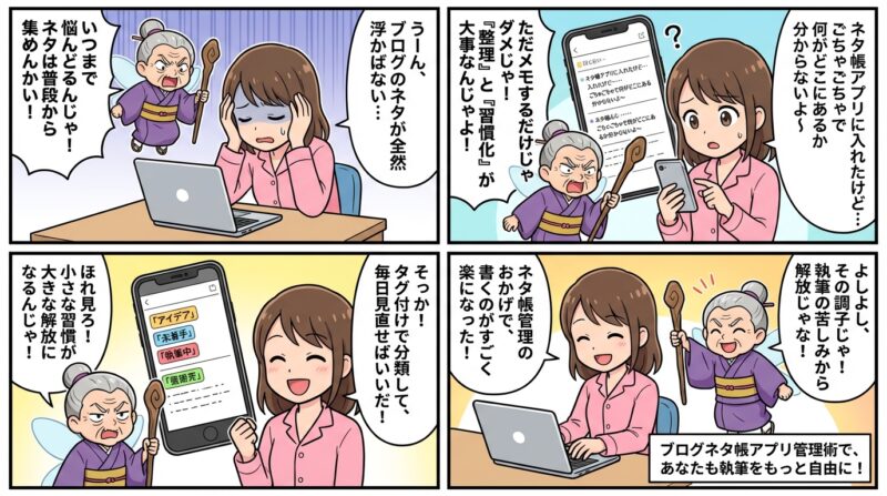 AIで作るゼロ初心者のアフィリエイト講座∸nano婆と学ぼう! | ネタ切れにサヨナラ!ブログネタ帳アプリ管理術で執筆を3倍効率化する方法 ブログネタ帳アプリ管理術を習慣化して執筆の苦しみから解放されよう