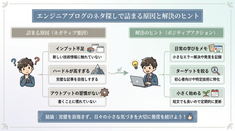 AIで作るゼロ初心者のアフィリエイト講座∸nano婆と学ぼう! | エンジニアブログネタ切れ解消!今すぐ書ける50の具体案と挫折しないコツ エンジニアブログのネタ探しで詰まる原因と解決のヒント
