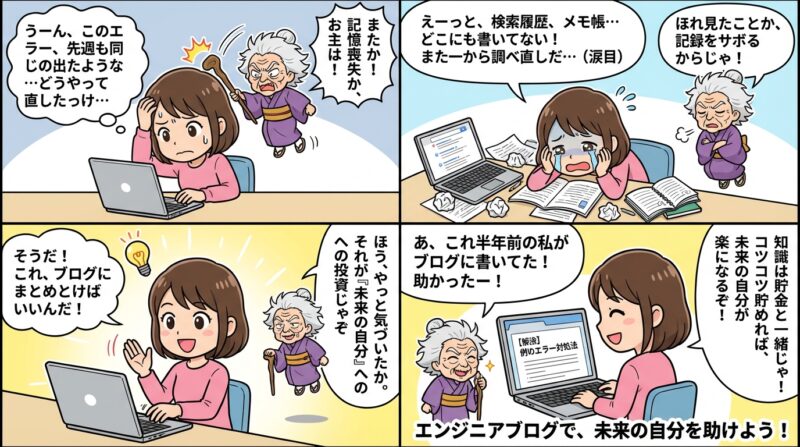 AIで作るゼロ初心者のアフィリエイト講座∸nano婆と学ぼう! | エンジニアブログネタ切れ解消!今すぐ書ける50の具体案と挫折しないコツ まとめ:エンジニアブログは「未来の自分」への最高の投資になる