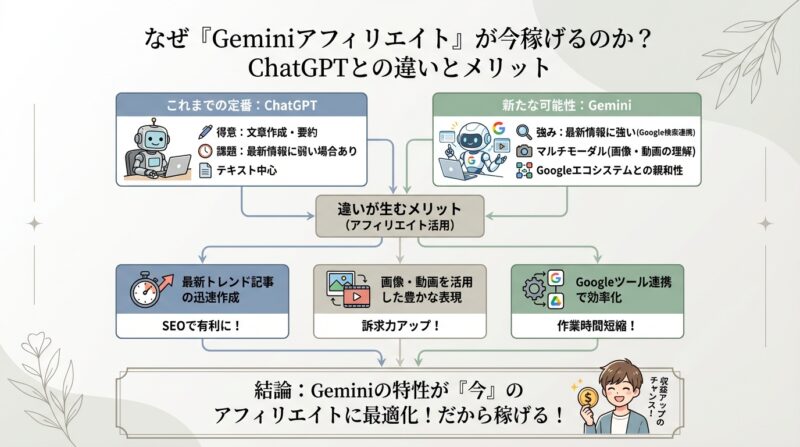 AIで作るゼロ初心者のアフィリエイト講座∸nano婆と学ぼう! | Geminiアフィリエイトで月5万!AIで記事作成を10倍速にする効率的な稼ぎ方 なぜ「Geminiアフィリエイト」が今稼げるのか?ChatGPTとの違いとメリット