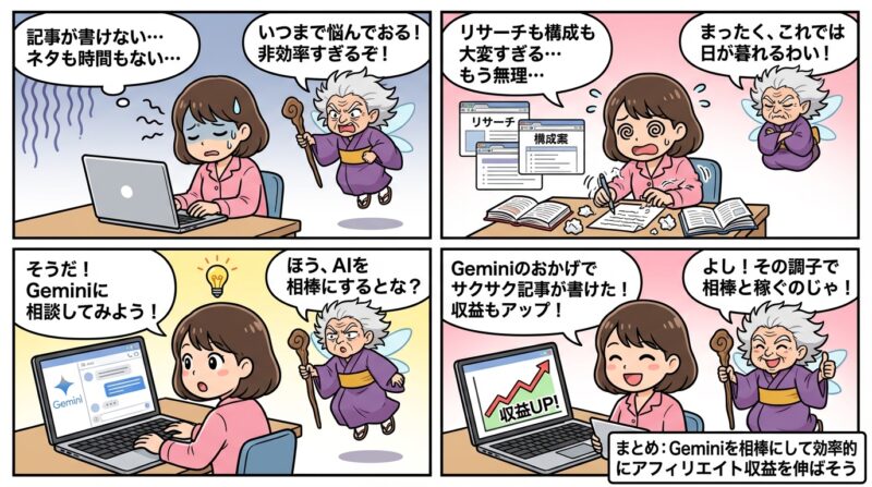 AIで作るゼロ初心者のアフィリエイト講座∸nano婆と学ぼう! | Geminiアフィリエイトで月5万!AIで記事作成を10倍速にする効率的な稼ぎ方 まとめ:Geminiを相棒にして効率的にアフィリエイト収益を伸ばそう