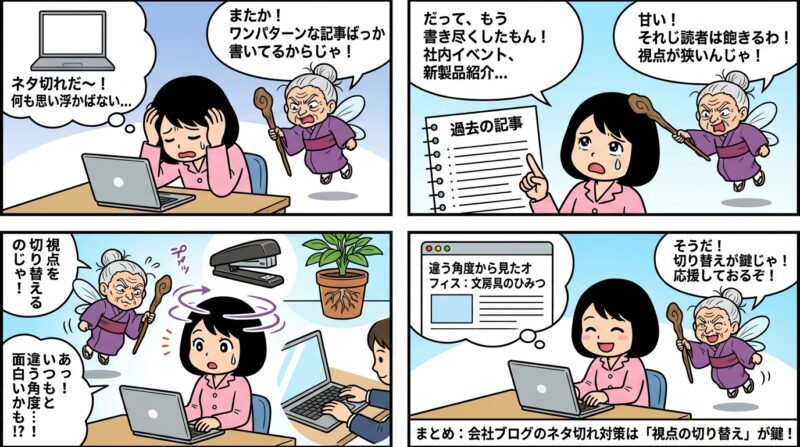 AIで作るゼロ初心者のアフィリエイト講座∸nano婆と学ぼう! | 会社ブログネタ切れ対策!もう悩まないための10の鉄板ネタと探し方のコツ まとめ:会社ブログのネタ切れ対策は「視点の切り替え」が鍵