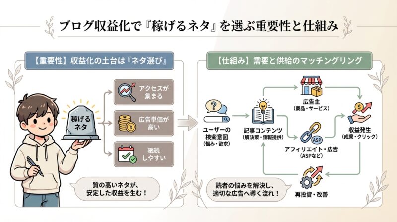 AIで作るゼロ初心者のアフィリエイト講座∸nano婆と学ぼう! | ブログ収益化で稼げるネタ10選!初心者でも月5万を狙えるおすすめジャンルを公開 ブログ収益化で「稼げるネタ」を選ぶ重要性と仕組み