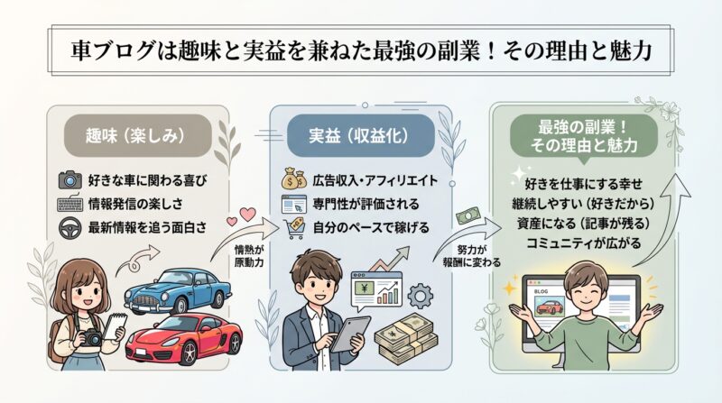 AIで作るゼロ初心者のアフィリエイト講座∸nano婆と学ぼう! | 車の趣味を副業に!車ブログで月5万円稼ぐ収益化のコツと始め方5ステップ 車ブログは趣味と実益を兼ねた最強の副業!その理由と魅力