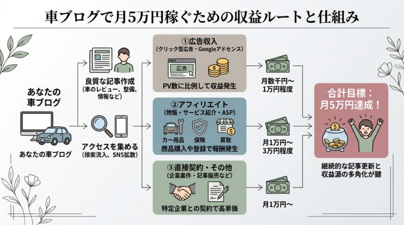 AIで作るゼロ初心者のアフィリエイト講座∸nano婆と学ぼう! | 車の趣味を副業に!車ブログで月5万円稼ぐ収益化のコツと始め方5ステップ 車ブログで月5万円稼ぐための収益ルートと仕組み