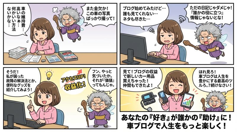 AIで作るゼロ初心者のアフィリエイト講座∸nano婆と学ぼう! | 車の趣味を副業に!車ブログで月5万円稼ぐ収益化のコツと始め方5ステップ 車ブログはあなたの人生を豊かにする最高のツール