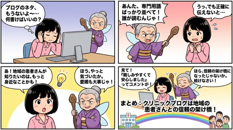 AIで作るゼロ初心者のアフィリエイト講座∸nano婆と学ぼう! | もうネタ切れしない!クリニックブログネタ15選と読まれる記事を書く3つのコツ まとめ:クリニックブログは地域の患者さんとの信頼の架け橋