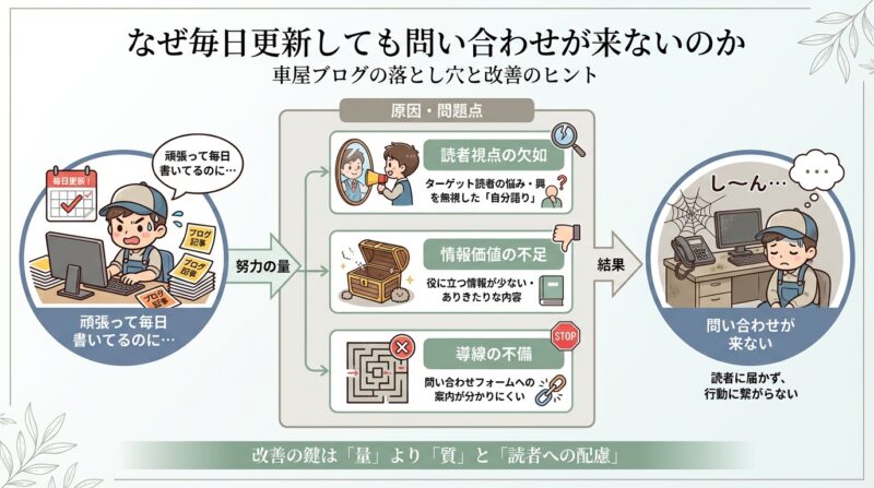 AIで作るゼロ初心者のアフィリエイト講座∸nano婆と学ぼう! | 車屋ブログネタ切れ解消!集客に効く30の具体案と読まれる記事の書き方ガイド なぜ毎日更新しても問い合わせが来ないのか
