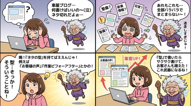 AIで作るゼロ初心者のアフィリエイト講座∸nano婆と学ぼう! | 車屋ブログネタ切れ解消!集客に効く30の具体案と読まれる記事の書き方ガイド まとめ:車屋ブログは「ネタの型」を持てば集客の武器になる