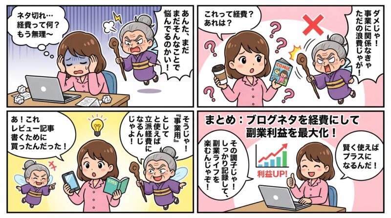 AIで作るゼロ初心者のアフィリエイト講座∸nano婆と学ぼう! | ブログネタの経費落とし方は?副業ブロガーが賢く節税するための具体例5選 まとめ:ブログネタを賢く経費にして副業の利益を最大化しよう