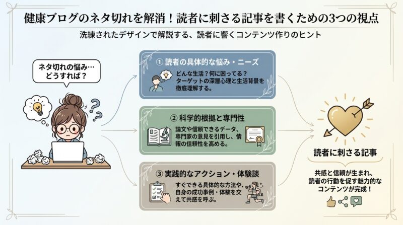 AIで作るゼロ初心者のアフィリエイト講座∸nano婆と学ぼう! | 健康ブログネタに困ったら!読者に喜ばれる30のアイデアとPVアップの秘訣 健康ブログのネタ切れを解消!読者に刺さる記事を書くための3つの視点