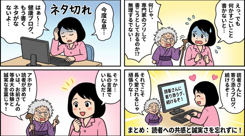 AIで作るゼロ初心者のアフィリエイト講座∸nano婆と学ぼう! | 健康ブログネタに困ったら!読者に喜ばれる30のアイデアとPVアップの秘訣 まとめ:長く愛される健康ブログを運営するために