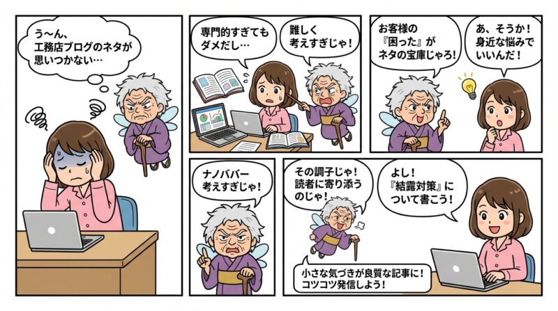 AIで作るゼロ初心者のアフィリエイト講座∸nano婆と学ぼう! | もう困らない!建築工務店ブログネタ30選、集客に繋がる記事のコツをプロが伝授 まとめ