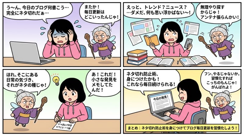 AIで作るゼロ初心者のアフィリエイト講座∸nano婆と学ぼう! | もう困らない!ブログ毎日更新のネタ切れ防止術10選、初心者でも継続できるコツ まとめ:ネタ切れ防止術を身につけてブログ毎日更新を習慣化しよう
