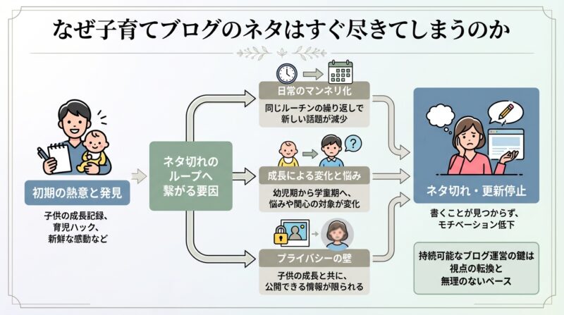 AIで作るゼロ初心者のアフィリエイト講座∸nano婆と学ぼう! | 子育てブログネタに困ったら?読まれる記事がスラスラ書ける50の具体例集 なぜ子育てブログのネタはすぐ尽きてしまうのか