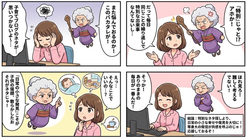 AIで作るゼロ初心者のアフィリエイト講座∸nano婆と学ぼう! | 子育てブログネタに困ったら?読まれる記事がスラスラ書ける50の具体例集 まとめ