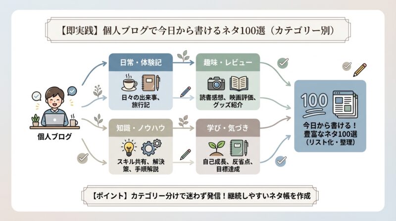 AIで作るゼロ初心者のアフィリエイト講座∸nano婆と学ぼう! | 個人ブログネタ切れを即解決!今日から書ける100個のアイデアと探し方のコツ 【即実践】個人ブログで今日から書けるネタ100選(カテゴリー別)