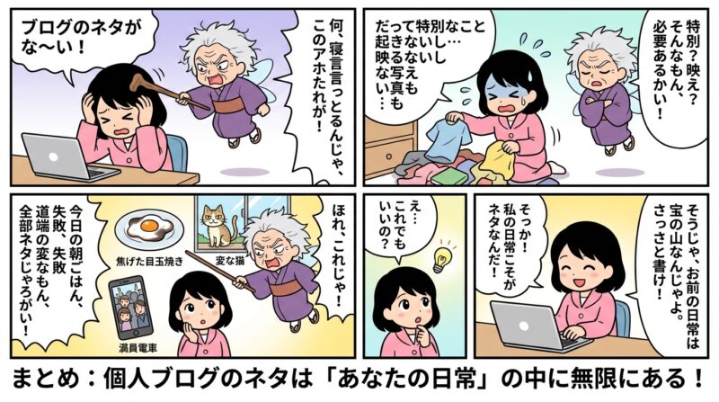 AIで作るゼロ初心者のアフィリエイト講座∸nano婆と学ぼう! | 個人ブログネタ切れを即解決!今日から書ける100個のアイデアと探し方のコツ まとめ:個人ブログのネタは「あなたの日常」の中に無限にある