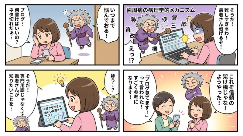 AIで作るゼロ初心者のアフィリエイト講座∸nano婆と学ぼう! | ネタ切れ解消!歯科衛生士ブログネタ30選、読者に喜ばれる発信のコツを紹介 まとめ:歯科衛生士のブログ発信は患者さんとの信頼の架け橋