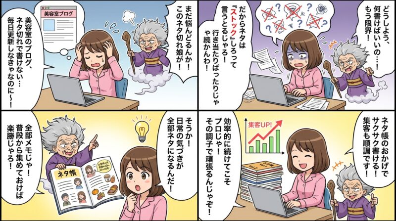 AIで作るゼロ初心者のアフィリエイト講座∸nano婆と学ぼう! | もう悩まない!美容室ブログネタ30選、集客を最大化する書き方と具体例を解説 まとめ:ブログネタをストックして効率的に集客しよう