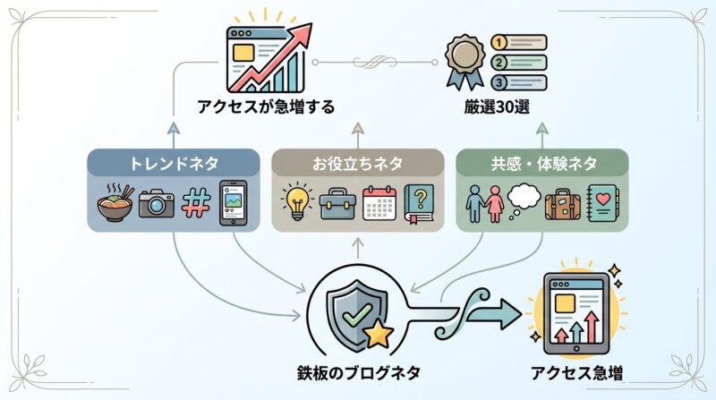 【厳選30選】アクセスが急増する「鉄板のブログネタ」カテゴリー別リスト