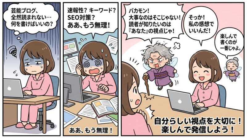 AIで作るゼロ初心者のブログ講座∸nano婆と学ぼう! | 【初心者向け】芸能ネタブログの書き方!月5万稼ぐための構成と3つのコツ 最後に、これだけは伝えたいこと