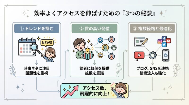AIで作るゼロ初心者のブログ講座∸nano婆と学ぼう! | 【初心者向け】時事ネタブログの取り扱い方!効率よくアクセスを伸ばす3つの秘訣 効率よくアクセスを伸ばすための「3つの秘訣」