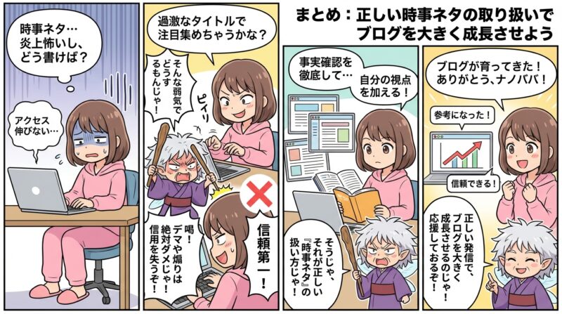 AIで作るゼロ初心者のブログ講座∸nano婆と学ぼう! | 【初心者向け】時事ネタブログの取り扱い方!効率よくアクセスを伸ばす3つの秘訣 まとめ:正しい時事ネタの取り扱いでブログを大きく成長させよう